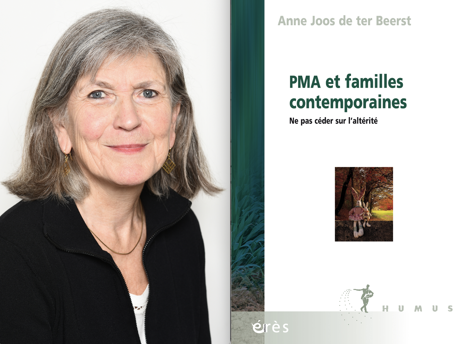 L'immagine mostra un primo piano di Anne Joos de ter Beerst e la copertina di un suo libro: PMA et familles contemporaines